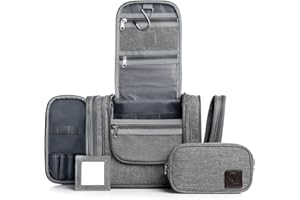 Obics® XXL Neceser de Viaje para Hombre y Mujer 8L (Grande) Gris - Bolsa de Aseo y cosméticos para artículos de tocador con asa (Colgante) - Neceser Maquillaje y baño para Viajes (10 Compartimentos)