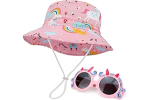 JUPSK Sonnenhut und Sonnenbrille für Kinder, Einhorn Eimerhut, Strandkappe, Faltbare Sonnenbrille mit Silikonrahmen für Mädchen von 2–5 Jahren