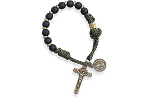 Nazareth Store Nowy różaniec z antycznym brązem, różaniec na jedną dziesiątkę, czarne matowe koraliki, zielony sznurek, ręcznie robiony, idealny do modlitwy, do zabrania w podróż