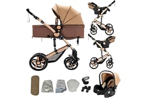 Sianldcone Kinderwagen 3 in 1, Hochwertige Stoffe Kinderwagen Set, Zwei-Wege-Schiebefunktion Reisesysteme, Offene Sicht Kombikinderwagen 3 in 1 Komplettset (588 Khaki)