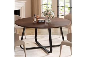 LVB Round Dining Table, Modern Wood Metal Kitchen Tables, Industrial Small Dinner Room Table for 4 to 6 People, Circle Coffee Dining Room Tables for Home Kitchen Living Room, Walnut, 51 Inch