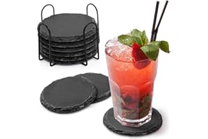 Joeji's Kitchen Slate Coaster Set di 8 sottobicchieri neri di alta qualità con supporto elegante, resistenti e assorbenti, perfetti per proteggere tavoli e controsoffitti