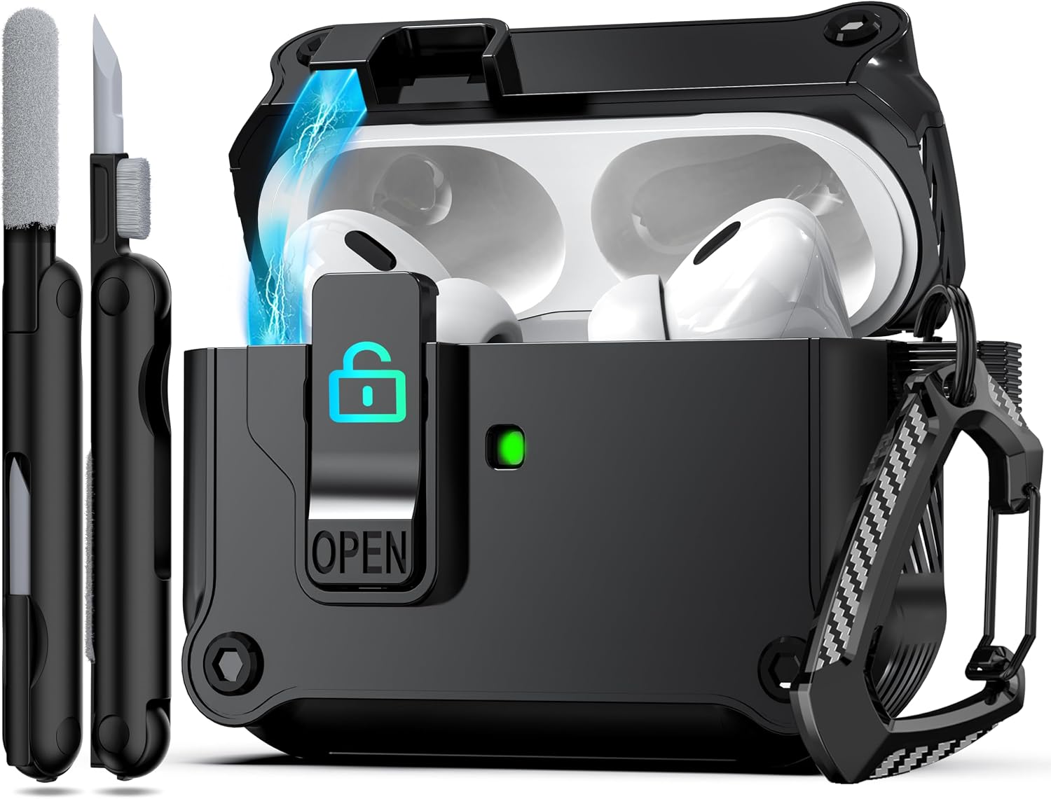 RFUNGUANGO Compatible with AirPods Pro 2nd/1st Case with Secure Lock Clip,Automatic Pop-up Case Full-Body Shockproof Hard Protective Cover Compatible with AirPods Pro 2 (2023/2022/2019),Black