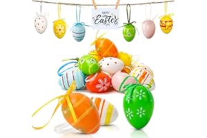 ‎MIZIJIA Mizijia 24x Ostereier zum aufhängen, 6cm Ostereier Kunststoff, Kunststoffeier, Bunte Ostereier, Ostereier mit Punkten und Streifen - weiß,grün,gelb,rosa (24)