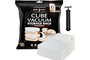 GENIE SPACE Sacs de Rangement sous Vide - Lot de 6, Large, 80x60x32cm | Cube Gain de Place Robuste | Sac Hermétique Réutilisable pour Vêtements, Serviettes, Literie, Peluches, Oreillers | Pompe INCL.
