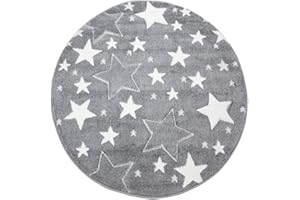 CARPET CITY Tappeto per bambini con stelle grigie – 160 cm rotondo – Tappeto per cameretta dei bambini e bambine