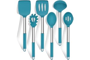 HaWare - Set di 6 utensili da cucina in silicone, con manico in acciaio inox, antiaderente, resistente al calore, facile da pulire e lavabile in lavastoviglie, colore: blu
