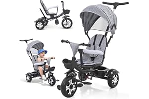 JOYCUSHY 6 in 1 Trike, Kids Trike with Adjustable Parent Push Handle, Baby Push Tricycle with Removable Canopy, Cupholder, Storage, 3-Point Safety Belt and Foldable Footrest, from 9 Months to 5 Years