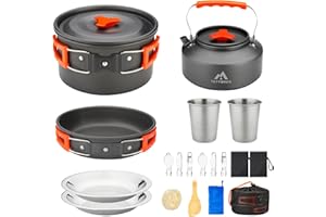 THTYBROS 17-Piece Camping Cookware Set, Hard Anodised Aluminium Pot Pan Kettle with 2 Stainless Steel Cups Plates Cutlery for Outdoor Hiking Backpacking Picnic