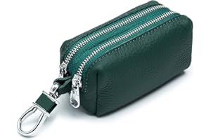 RRvane Genuine Leather Car Key Case, Unisex Double Zipper Keychain Wallet Coin Purse Bag with Metal Hook (Dark Green)
