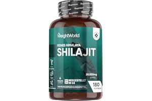 ‎WEIGHTWORLD Reines Himalaya Mumijo Shilajit Kapseln - 20.000mg - 180 vegane Kapseln für 6 Monate Vorrat - Aus Himalaya Stein gewonnen - Shilajit Extrakt (40:1) - Frei von Magnesiumstearat - Von WeightWorld