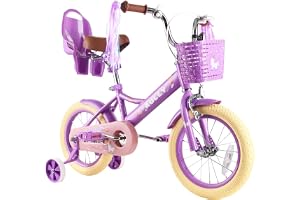 RULLY 12, 14, 16 tums barncykel för 2–7 år, flicka med stödhjul och handbroms fram, korg, streamer, lila, rosa