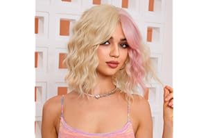 WOKESTAR Bob Lockige Perücke mit Fransen, Kurze Synthetische Gewellte Perücken für Frauen Blond mit Rosa Highlights Farbe