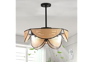 Ganeed Boho Caged Ceiling Fan with Light and Remote Layered Rattan Flush Mount Ceiling Fans Lights Pendant Reversible Fandelier for Bedroom Kitchen Living Room Nursery 4 Lights