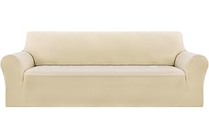 Deconovo Jacquard Sofa Cover Stretch Slipcovers Small Checks Polyester Anti-Slip Spandex Fabric Sofa Fabric Protector Couch Cover(Three Seater, Beige)