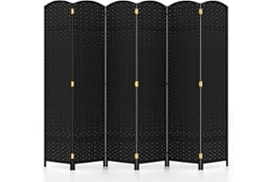 COSTWAY Paravento Pieghevole a 6 Pannelli, Pannelli Divisori da Interno con Texture Intrecciata a Mano e Telaio in Legno, Separé Divisorio a Parete Autoportante per Casa, Ufficio e Negozio (Nero)