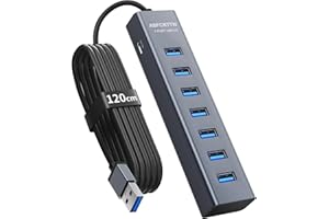 ABFCRTTW 7-Port USB Hub 3.0 mit 120cm Kabel für Desktop, Aluminium USB Verteiler 5Gbps Multiport Adapter Splitter mit 5V 3A Type-C Port für PC, Laptop, MacBook, U-Disk, Maus