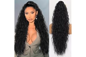 PORSMEER Pferdeschwanz Haarteil Lang 76 cm mit Kordelzug Wellig Locken Ponytail Extension Schwarz Natürliches Clip in Haarteil Ponytail Kunsthaar Haarzopf für Damen Afro Zopf Black Haarverlängerunge