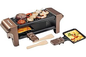 Bestron Mini Raclette, Raclette para 1-2 personas, mini mesa grill con 2 sartenes y 2 rascadores de madera, 350 vatios, Color: Cobre