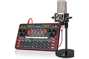 TENLAMP Audio-Mixer mit Soundkarte,zehnlampiges tragbares Podcast-Equipment-Bundle XLR auf 3,5-mm-Studiomikrofon,Audioschnittstelle Soundboard-Sprachwechsler für PC-Live-Streaming Podcast-Aufzeichnung