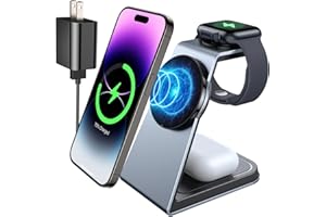 Ni-SHEN Wireless Charger,Magnetic Aluminum 3 in 1 Wireless Charging Station,Fast Wireless Charging Stand Dock for iPhone 14/Pro/Max/Plus/13/12 & AirPods 3/2/Pro,iWatch(with Adapter) (Grey 1)