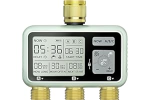 Johgee Bewässerungscomputer 3 Ausgängen mit Messingeinlass und Auslass, Digitaler Bewässerungsuhr mit LCD-Display, Automatische/Manuell Bewässerungssteuerung Wasserzeitschaltuhr für Garten