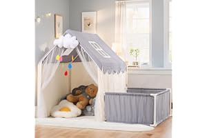 LOAOL Large 2-in-1 Kids Playhouse Tent - Toddler Tent with Cloud Ornaments, Indoor Playhouse for Boys, Toddler Fort with Two Windows (Grey)