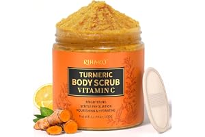 Gurkmeja kroppsskrubb, exfolierande med kokosolja och C-vitamin, tar bort döda celler, minskar bruna fläckar och akne, för skinkor och bikinikanten, med luffasvamp, 330 g