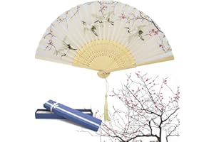 HEAWAA Składany wachlarz ręczny dla kobiet, chiński styl, ręcznie składany wachlarz z bambusa i jedwabiu z frędzlami, na lato, dekoracja ścienna, dekoracja urodzinowa, wesele, impreza, prezent