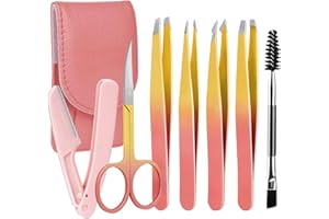 PEIQIUP Pinzette Set Edelstahl (7 Stück), Präzisions Pinzetten Edelstahl, Augenbrauen mit Schere, Rasiermesser, Spiegel für Eingewachsene Haare, Für Damengeschenke, Pink