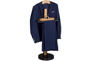 Relaxdays Valet Stand with Shelf, Freestanding, Wrinkle Free Suits, Bamboo & Metal, 109 x 48 x 30 cm, Black/Natural