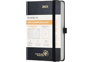 ‎POPRUN POPRUN Kalender 2024 Tagesplaner 16 x 10,5 cm, Tageskalender 1 Tag 1 Seite (Montag - Sonntag), 12-Monate-Terminplaner (Jan.2024-Dez.2024) mit Hardcover, Stiftschlaufe - Schwarz