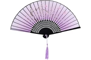YUKIYI Ventaglio pieghevole da donna, in bambù, con nappa, tessuto di seta, decorazione da parete, per feste di nozze (viola)