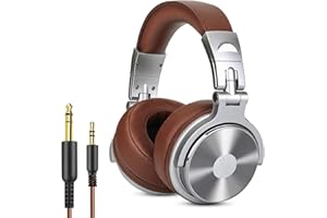 OneOdio Pro30 Auriculares DJ, Auriculares con Cable de Estudio, Estéreo de Alta Definición con Micrófono para Monitoreo Grabación y Mezclas, 50mm Controladores, Orejeras Proteicas, Plata y Marrón