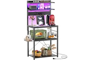‎ISUNIRM iSunirm Bäckerregal mit Steckdose, Mikrowellenständer, 5-stufige Kaffeebarstation mit LED-Leuchten, Küchenregal mit 6 S-förmigen Haken, Küchenregal für Gewürze, Töpfe und Pfannen, Schwarz