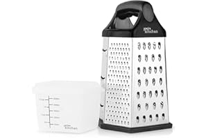 Joeji's Kitchen Râpe à 6 Côtés Tenue à la Main Noire Argentée avec Récipient de Mesure & Couvercle Ustensile de Cuisine Multifonction Idéal pour Râper Trancher Hacher
