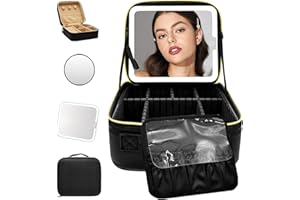 WITFAMILY Travel Makeup Bag with 3 Setting Adjustable LED Mirror, Makeup Organiser Bag for Cosmetics，Makeup Case with Adjustable Compartment，Jewelry Box,10x Mirror（Black）