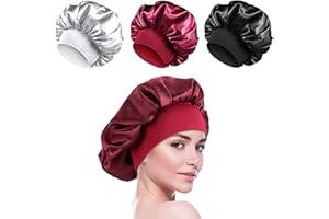 ANQFZQE Silk Bonnet for Sleeping, 3 Pcs Satin Bonnet, Silk Hair Wrap for Sleeping, Silk Hair Bonnet for Women and Girls Curly Hair (Black, Silver, Red)