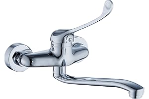 DP GRIFERIA DP Grifería - Grifo de cocina, grifo monomando de pared con caño bajo, color plateado, modelo Lirio con maneta higiénica