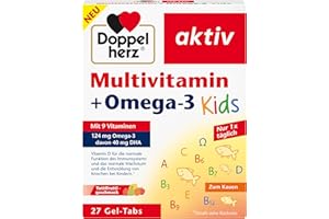 ‎DOPPELHERZ Doppelherz Multivitamin + Omega-3 Kids - 9 Vitamine plus Omega-3-Fettsäuren aus Seefischöl - 27 Gel-Tabs mit Tuttifrutti-Geschmack