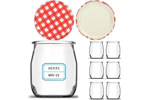 AWIKU 6 Vasos de Yogur y Postre de Vidrio de 190 ml con Tapa Metálica Hermética de Rosca - Perfecto para Yogur, Natillas, Pudding, Potitos - Tarro Apto para Microondas y Lavavajillas - Incluye Etiquetas