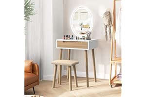 YU YUSING Coiffeuse LED Lumière Dimmable Table de Maquillage avec Miroir et Tabouret, Table de Maquillage avec Spacieu Tiroir Coulissants, Couleur Bois, Ovale avec Un tiroir
