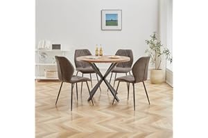 DEYARNA HOME Essgruppe Set Tisch und Stühle, 100cm Runder Esstisch und 4 Leinen-Esszimmerstühle, 4 Stühle & Tisch für Küche, Esszimmer und Wohnzimmer (Schwarz-LX, 100*100*76.5cm (Dunkle Holzfarbe))
