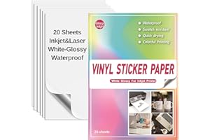 Sticker Papier zum Bedrucken A4 Glänzend Weiß, 20 Blätter SKYIOL VINYL Aufkleber Papier Wasserfest Bedruckbar für Tintenstrahldrucker Laser Drucker Inkjet Etiketten Papier Selbstklebend