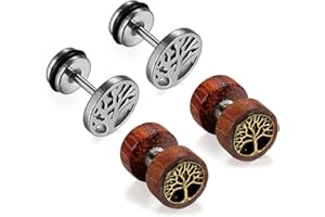 Cupimatch Womens Mens Earrings, 2 Pairs Stainless Steel Wood Tree Hoop Earrings Studs Set