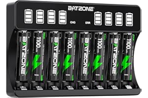 BATZONE Akku Ladegerät mit AAA 8 stück, 8-Ladeplatz Großer LCD-Bildschirm Batterie Ladegerät, für Mignon AA und Micro AAA, für NI-MH/NI-CD wiederaufladbar AA/AAA Batterien