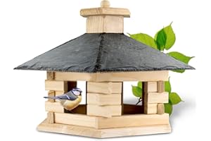 GARTENETAGE Vogelhaus Nordic mit Vogelfuttersilo/massives Vogelfutterhaus aus Holz, wetterfest/Vogelhäuschen für Balkon & Garten, handgefertigt/Futterhaus für Vögel – Farbe Natur