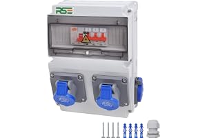 Campingfördelare, väggfördelare, helt kopplad, CEE, 16 A, 230 V med campinguttag, IP65, 11. 1 x 230 V + 2 x camping + LS + FI