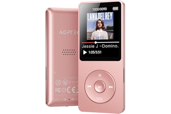 AGPTEK 16GB Reproductor de MP3, Bluetooth 5.3 MP3 Reproductor, Reproductor Deportivo Portátil con Auriculares, 1.8" Pantalla de 70H de Reproducción, MP3 de Niños Radio FM, Externo hasta 128GB, Rosa