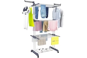 PROMO LINGE Étendoir à Linge sur Pied, 3 Niveaux, Tancarville, Séchoir, Étendoir à Linge intérieur, Étendoir Pliable, Grande Capacité, Étendoir avec Roues,170x64x126cm (Blanc/Gris)